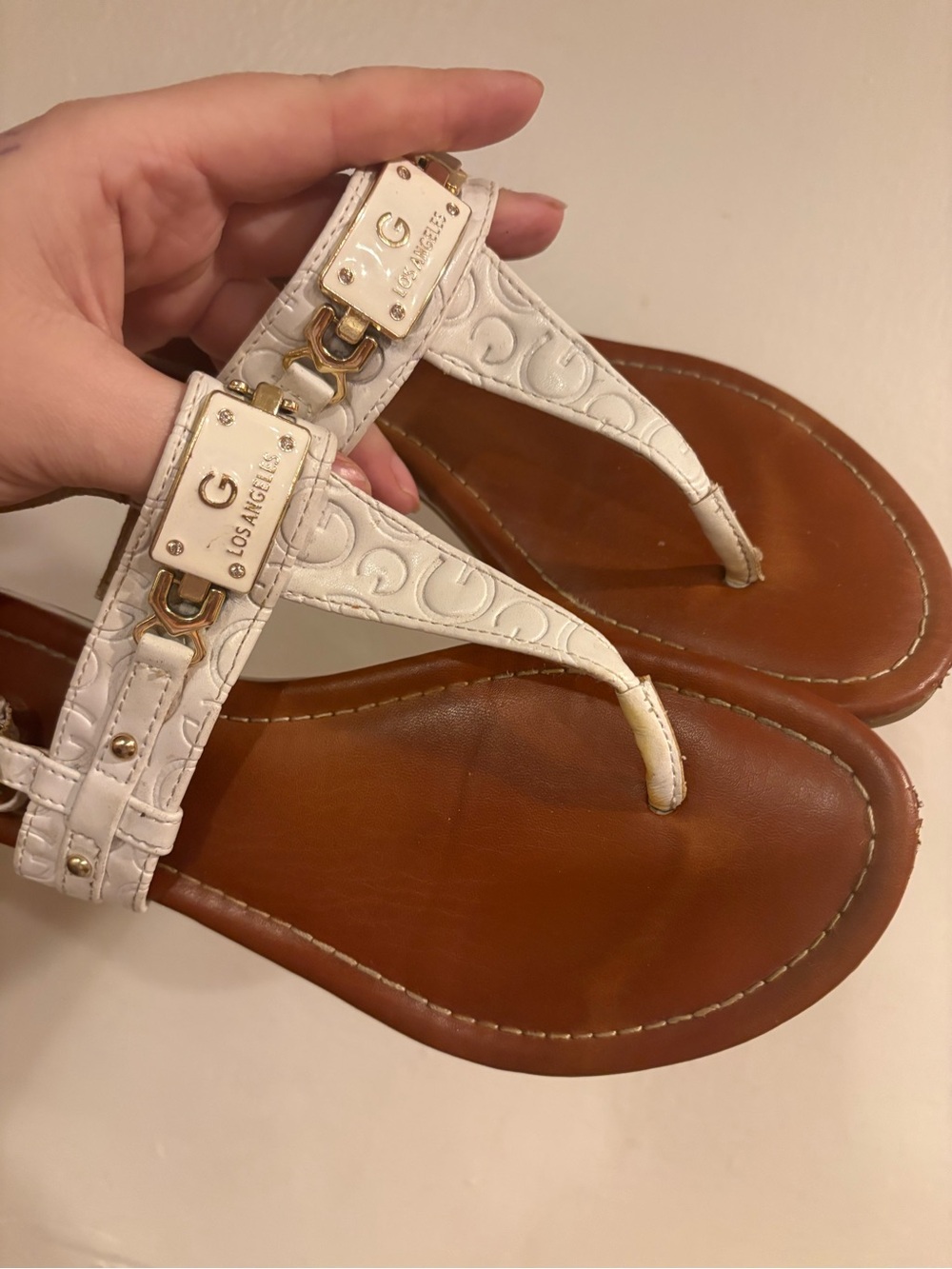 G by Guess White Embossed Leather Thong Sandals with Gold Accents